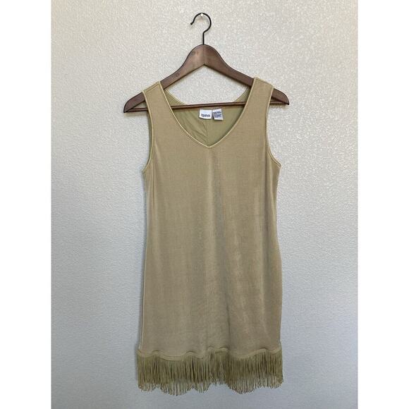 Together gold fringe mini dress size M sleeveless flapper boho vneck cocktail - Picture 1 of 5